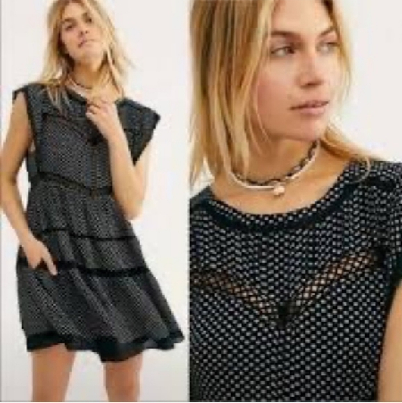 Free People Retro Kitty Crochet Trim Black White Floral Boho Dress Size Small - Picture 4 of 17